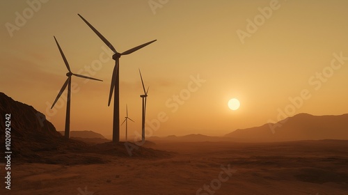 Tranquil Sunset Over Wind Turbines in Desert Landscape