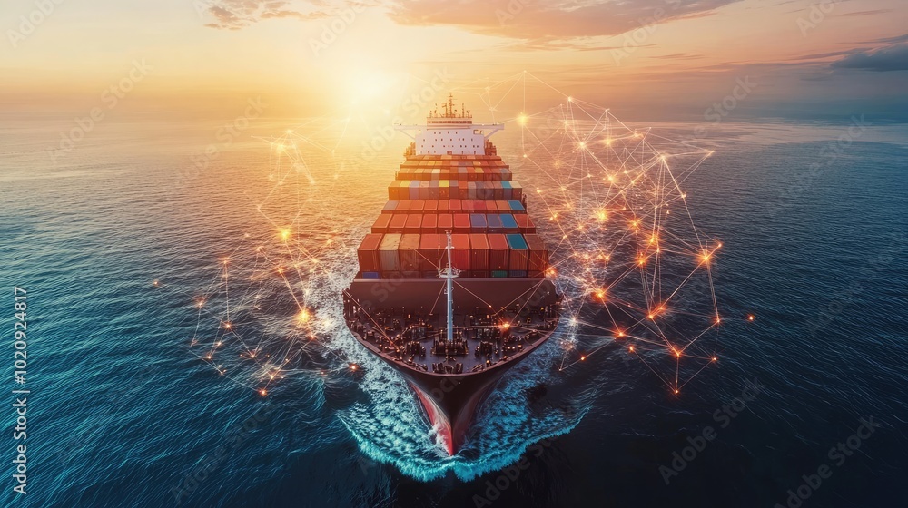 Obraz premium Container ship at sea with digital network links, digital trade network connection concept, global shipping industry