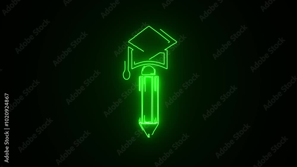Neon line Graduation cap  icon  and Neon pencil icon light color animation with black background .