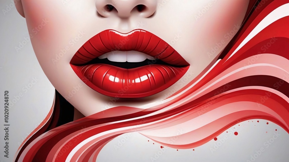 Close-up of red lips with abstract red and white lines. Close-up of red lips with abstract red and white lines.
