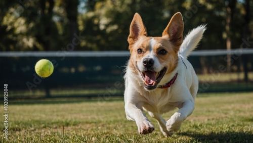 A shaggy dog runs after a tennis ball