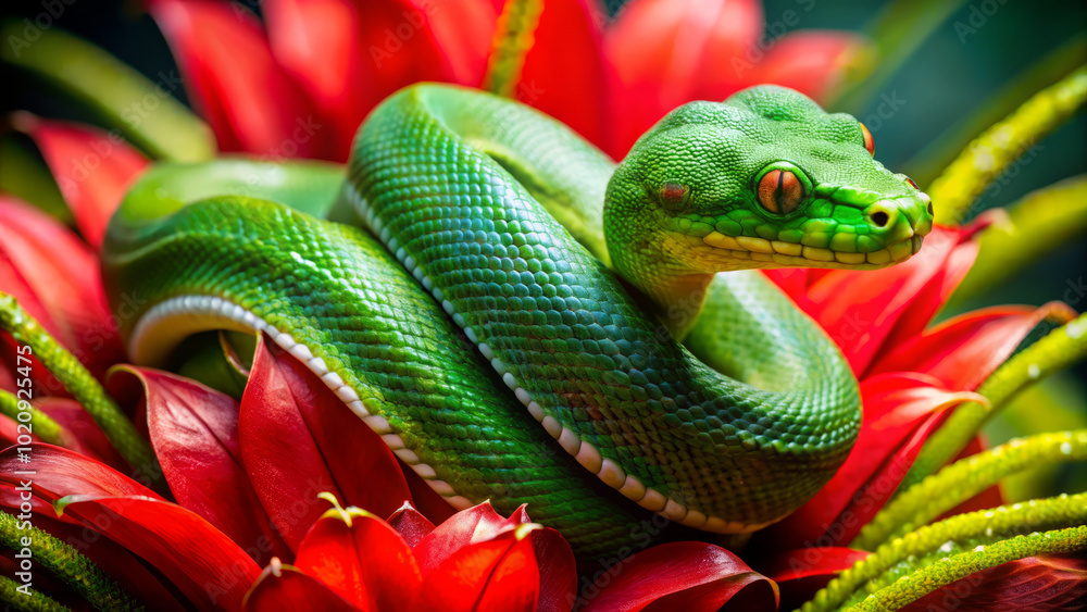 Fototapeta premium Emerald tree boa coiled around vibrant red bromeliad flowers, showcasing its striking green scales and captivating eyes. This scene captures beauty of natures colors and textures