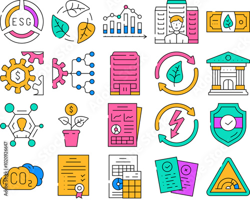 environmental social governance icons set vector. esg business, energy social, eco green, company ecology, sustainable investment environmental social governance color Contour Illustrations