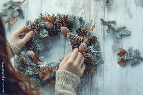 Flat lay closeup of woman hands finishing up beautiful christmas wreath made from pine branches, cones and dry leaves. White wooden table background. Woman wearing white sweater. 
 photo