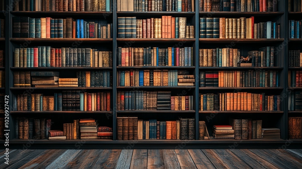 A Dark Wooden Bookshelf Filled With Various Books A Dark Wooden Bookshelf Filled With Various Books