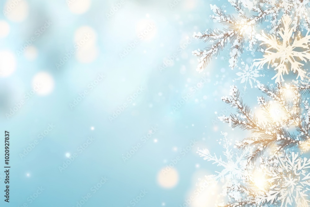 Green Christmas background with defocus lights and blue snowflakes. Abstract background. Green Christmas background with defocus lights and blue snowflakes. Abstract background.