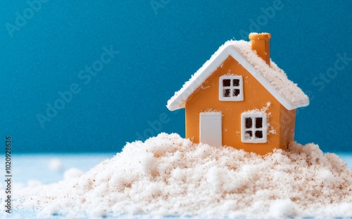 A winter snowstorm falls over a house in a blue sky over a blue sky background. The glaciers are melting and snow is falling on houses like avalanches as a result of climate change. photo