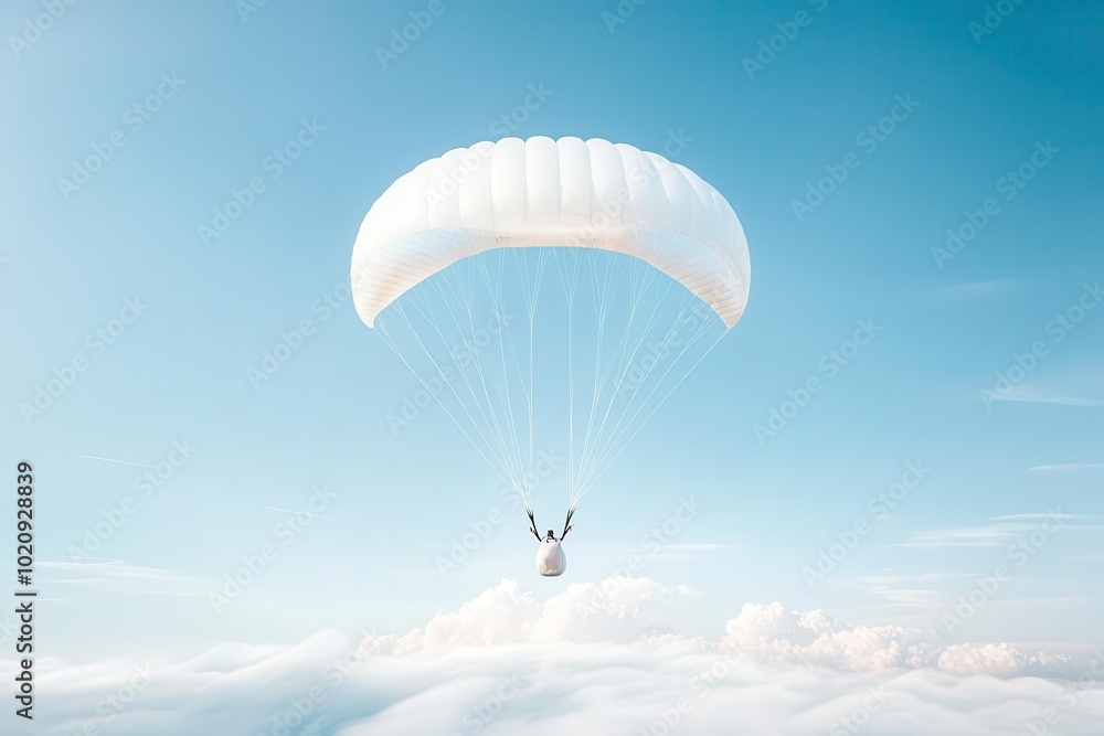 Person paragliding in a clear blue sky above fluffy white clouds. Person paragliding in a clear blue sky above fluffy white clouds.