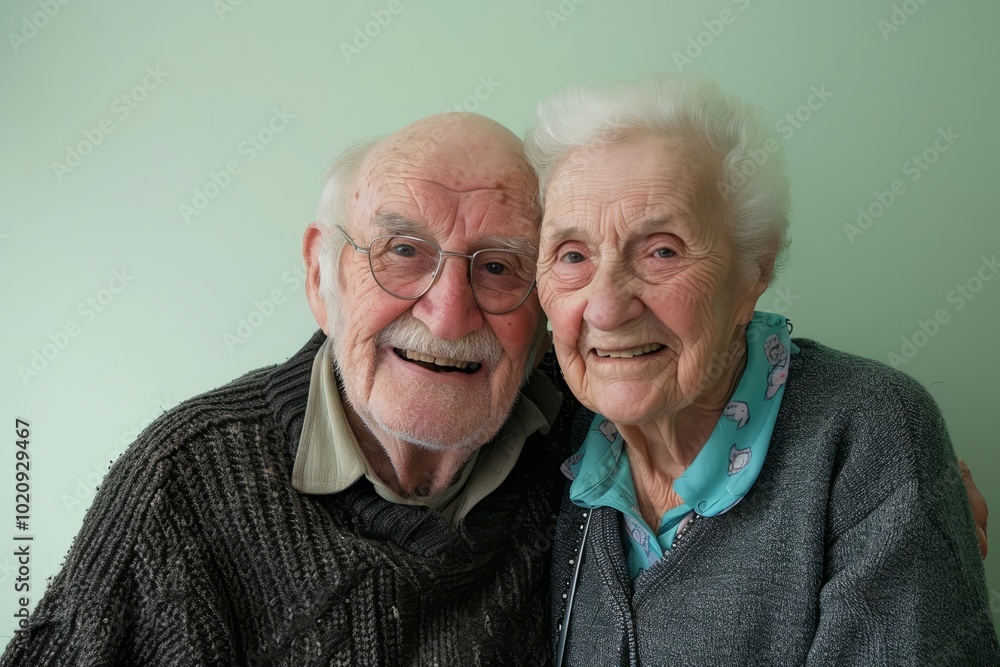 Portrait of a happy elderly couple on a green background. Emotions Portrait of a happy elderly couple on a green background. Emotions