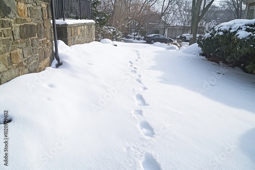 Wallpaper Mural House driveway in Virginia suburbs with snow covered ground from white storm with footprints and car tracks on road street shining from sunlight Torontodigital.ca