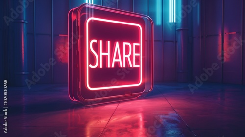 Button neon SHARE text with pink glow light led lamp on dark background
