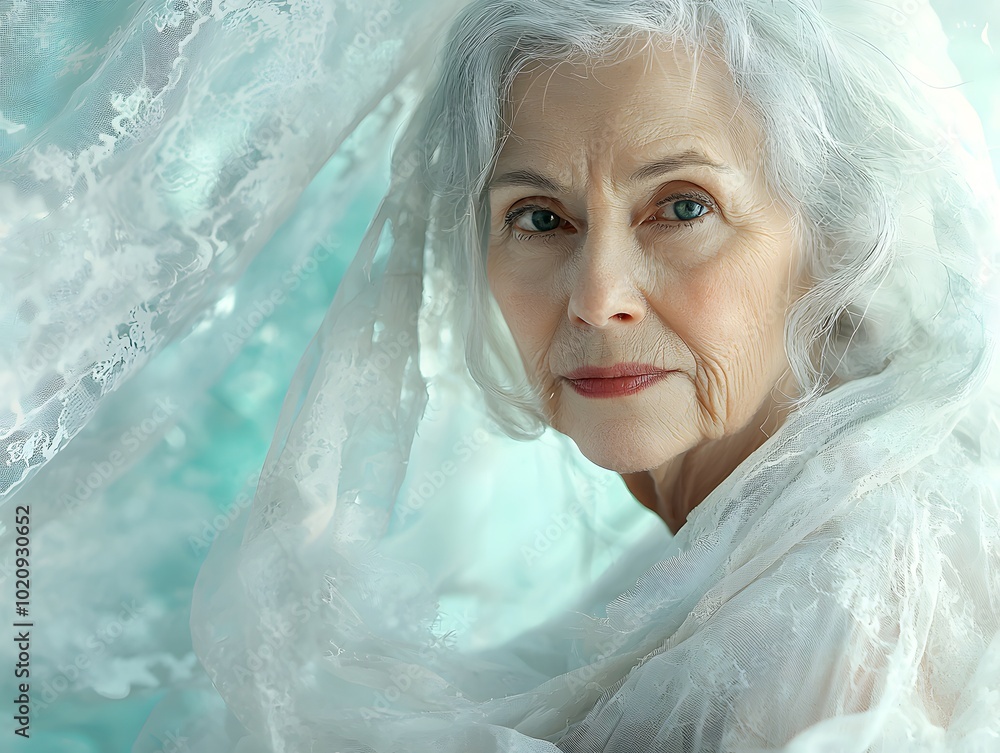Elegant Portrait of an Elderly Woman with Soft Fabrics Elegant Portrait of an Elderly Woman with Soft Fabrics