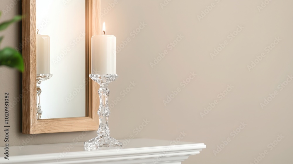 Elegant candle on a crystal holder against a beige wall, reflecting in a mirror. Elegant candle on a crystal holder against a beige wall, reflecting in a mirror.