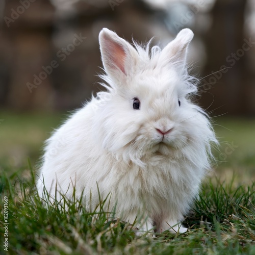 Adorable fluffy white rabbit in a grassy field looking curious photo