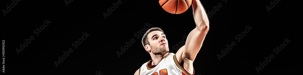 A basketball player is in mid-air, holding a basketball. Concept of athleticism and determination, as the player is focused on the ball and preparing to make a shot A basketball player is in mid-air, holding a basketball. Concept of athleticism and determination, as the player is focused on the ball and preparing to make a shot
