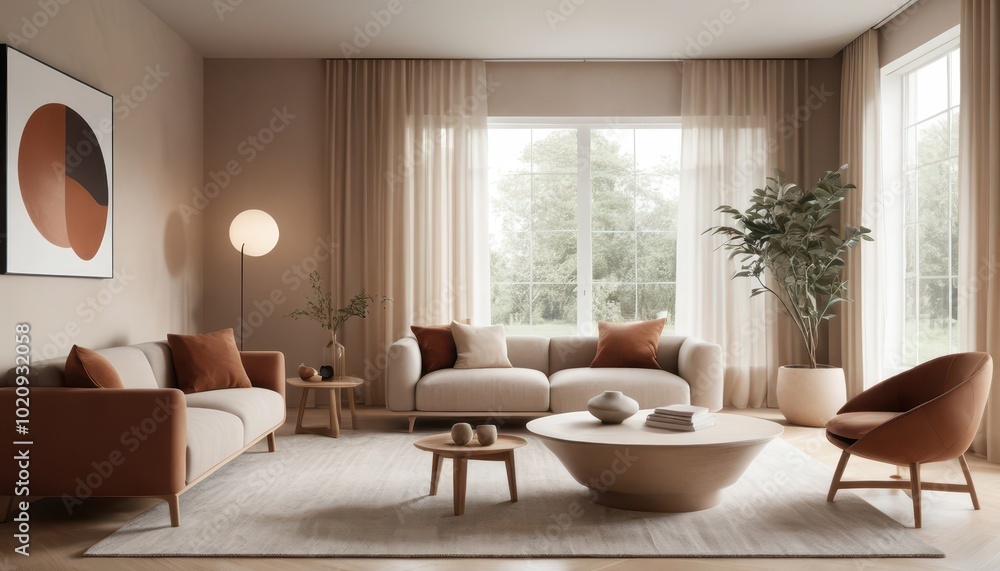 Fototapeta premium Modern Cozy Living Room Interior with Elegant Decor and Natural Light