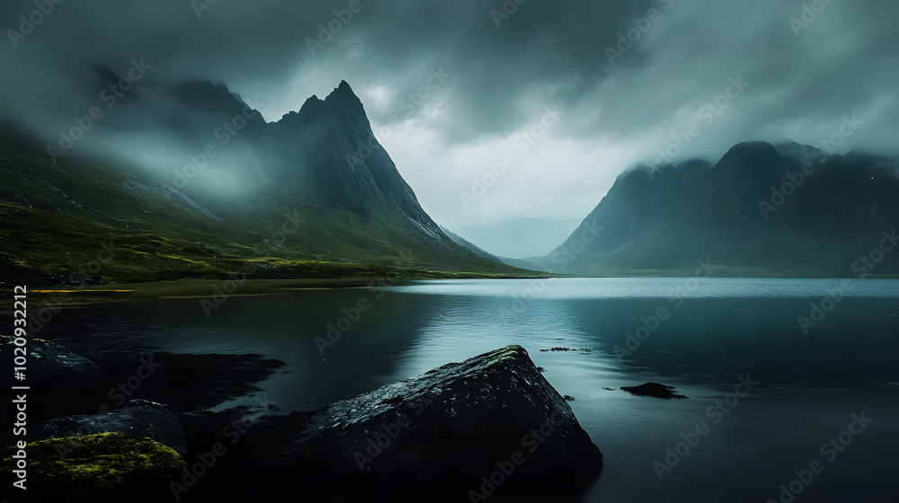 Moody Mountain Landscape in Norway: A dramatic and moody mountain landscape in Norway, characterized by dark clouds and rugged terrain, evoking a sense of mystery and awe. Moody Mountain Landscape in Norway: A dramatic and moody mountain landscape in Norway, characterized by dark clouds and rugged terrain, evoking a sense of mystery and awe.