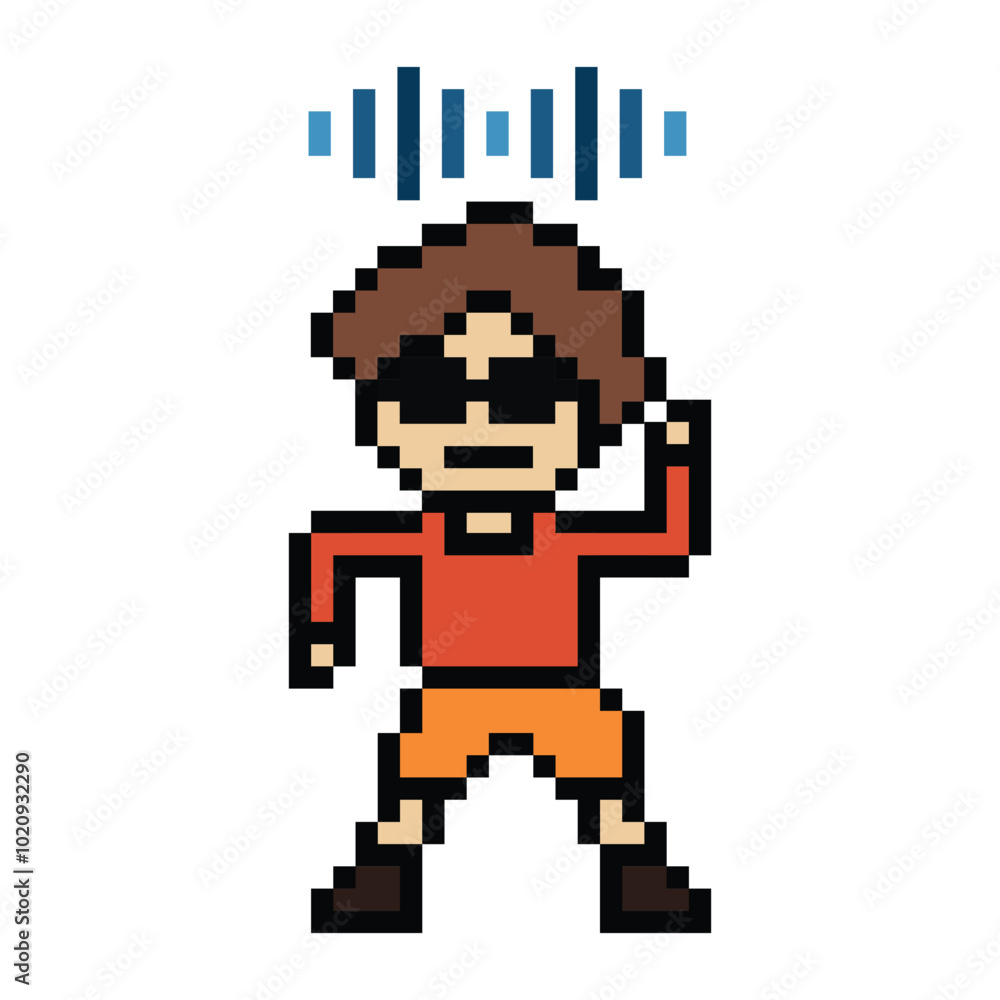 Obraz premium Cute cartoon pixel character cute man exercises training dance lifestyle music decoration life style 8 bit male boy dance with music game fitness isolated PNG vector.