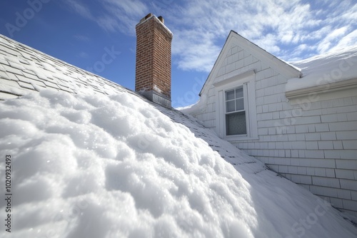 The roof of a house has a drift of snow following a winter storm. Snow removal, rooftop damage, home maintenance and repair concept.