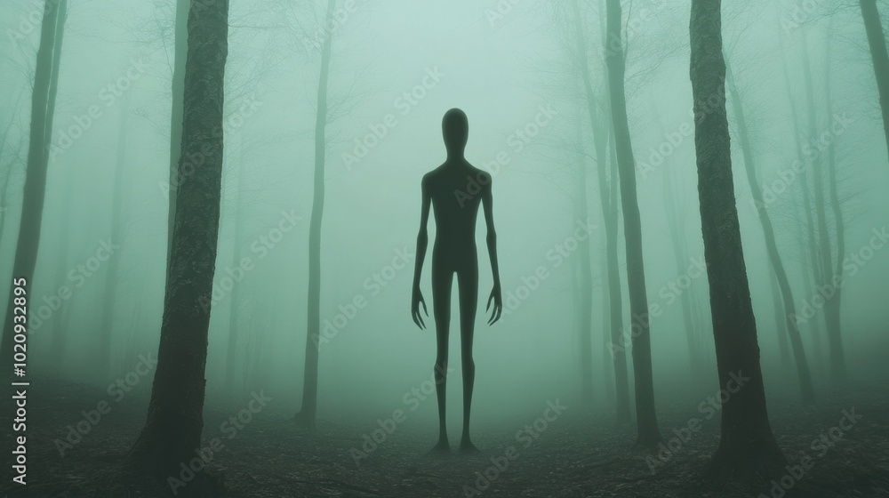 Fototapeta premium Mysterious Silhouette in Foggy Forest, AI