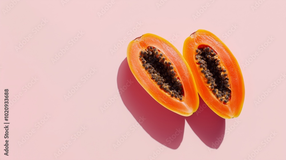 Close-Up of Ripe Papaya Halves with Black Seeds on Light Pink Background Close-Up of Ripe Papaya Halves with Black Seeds on Light Pink Background