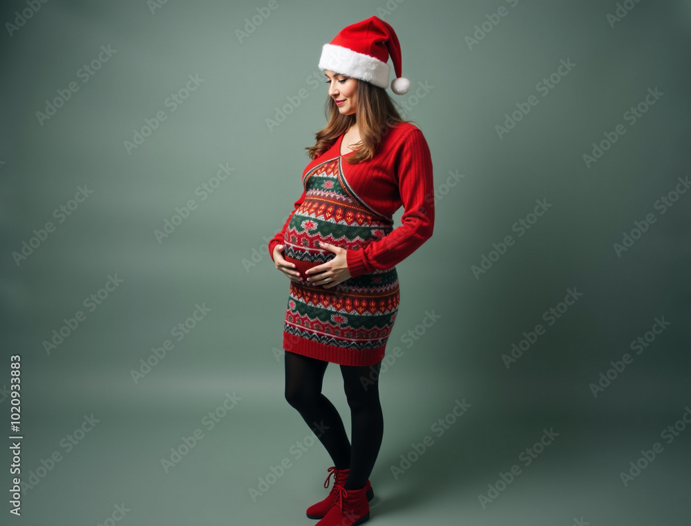 portrait of a pregnant caucasian woman in santa claus clothes and hat on a green background portrait of a pregnant caucasian woman in santa claus clothes and hat on a green background
