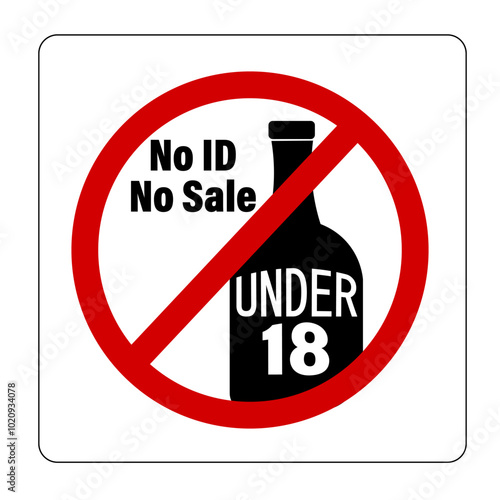 No alcohol may be sold to person under 18 years of age. No Id, no sale. Ban sign with bottle and text. Sticker.