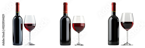 Front view wine bottle and glass isolated on transparent PNG background perfect for beverage-themed illustrations or wine branding