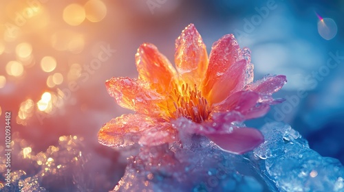 A close-up of a flower trapped in ice with colorful light shining through, creating an enchanting and magical effect