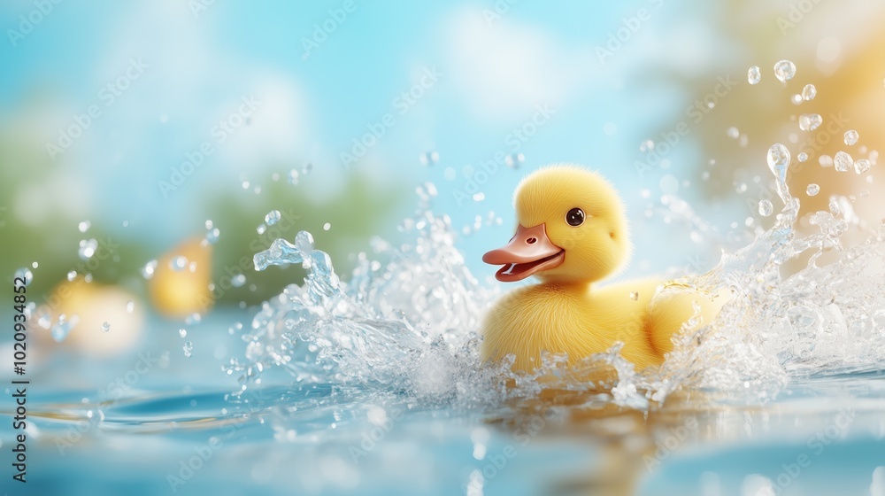 Cute duckling splashing in water, cheerful spring background, 3D illustration Cute duckling splashing in water, cheerful spring background, 3D illustration