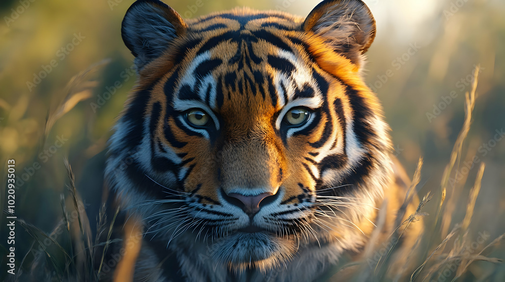 Close Up Portrait of a Tiger in the Grass - Realistic Digital Painting Close Up Portrait of a Tiger in the Grass - Realistic Digital Painting