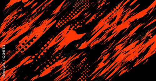 Abstract red and black grunge pattern with diagonal strokes and dots.