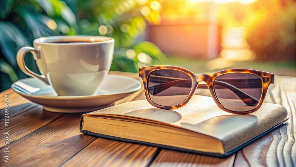 Photo Chic wayfarer sunglasses paired with a book and cup of coffee creating stylish sawaratch Posters tableaux et papiers peints Europosters