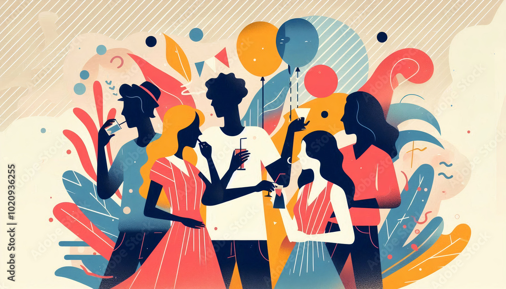 Group of people socializing at a party, with abstract colorful shapes and festive elements in the background Group of people socializing at a party, with abstract colorful shapes and festive elements in the background