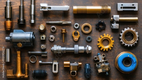 Collection of Metal Components and Tools on a Surface