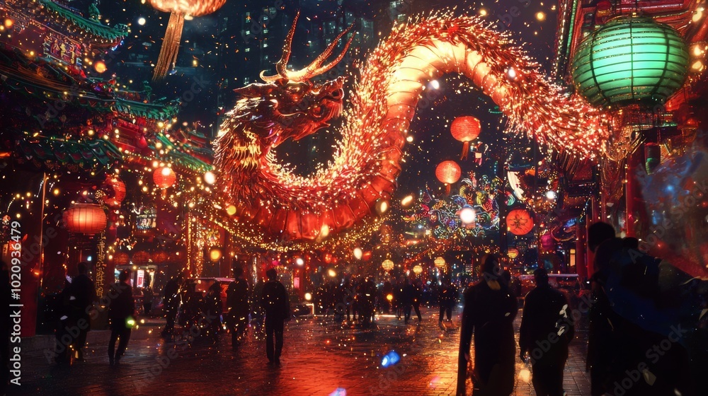Fototapeta premium Dragon parade with lanterns and fireworks at a festival