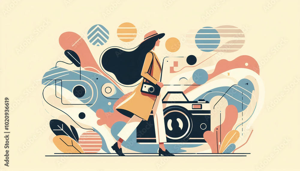 Obraz premium Abstract illustration of a woman with a camera, surrounded by creative and dynamic shapes, symbolizing photography and exploration