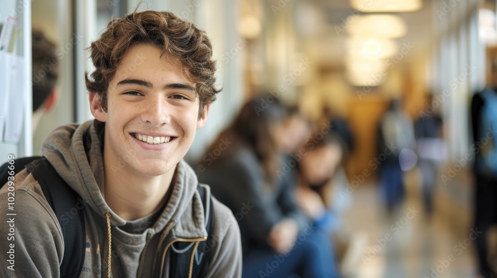 Fototapeta premium Portrait of handsome young university student standing and leaning to a wall in college corridor with other students at the back. Caucasian male student in high school campus.