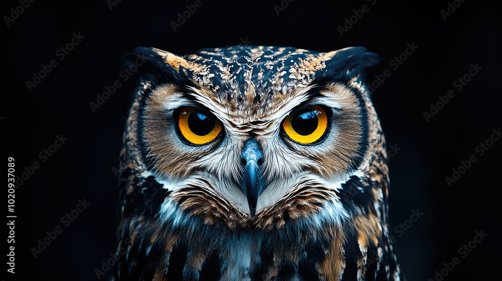 Obraz premium A stunning close-up of a fierce owl with striking yellow eyes and intricate feathers, capturing the essence of night predators.