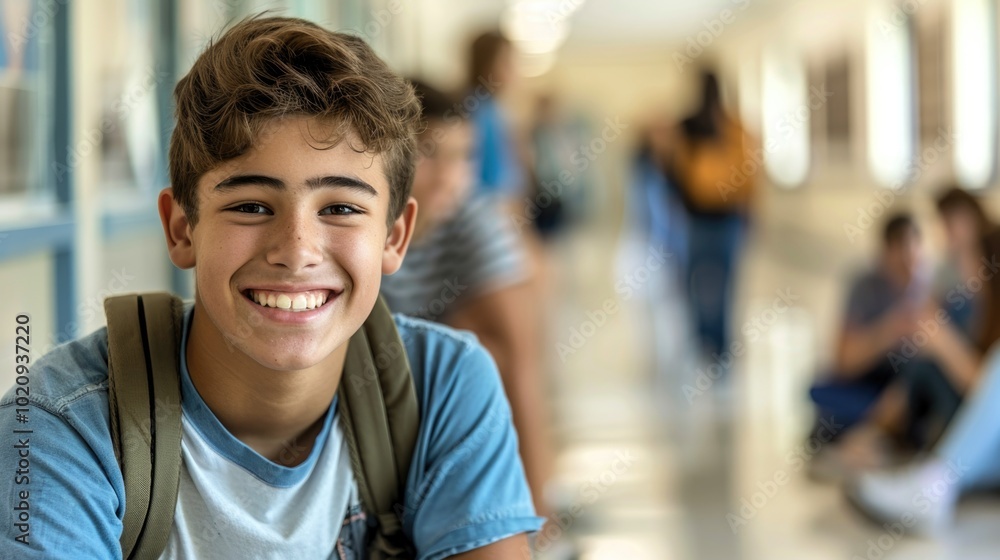 Portrait of handsome young university student standing and leaning to a wall in college corridor with other students at the back. Caucasian male student in high school campus. Portrait of handsome young university student standing and leaning to a wall in college corridor with other students at the back. Caucasian male student in high school campus.