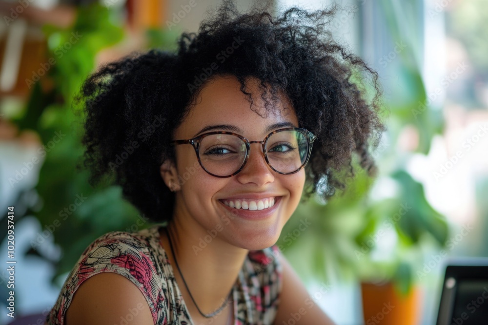 A smiling woman sits in front of a laptop, focused on her work A smiling woman sits in front of a laptop, focused on her work
