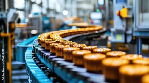 Production Line with Bottles in Factory Setting