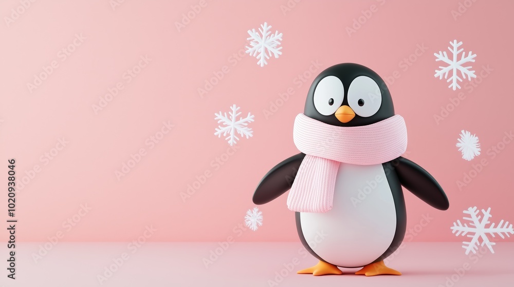 Obraz premium Happy penguin with a scarf, snowflakes and stars, 3D illustration