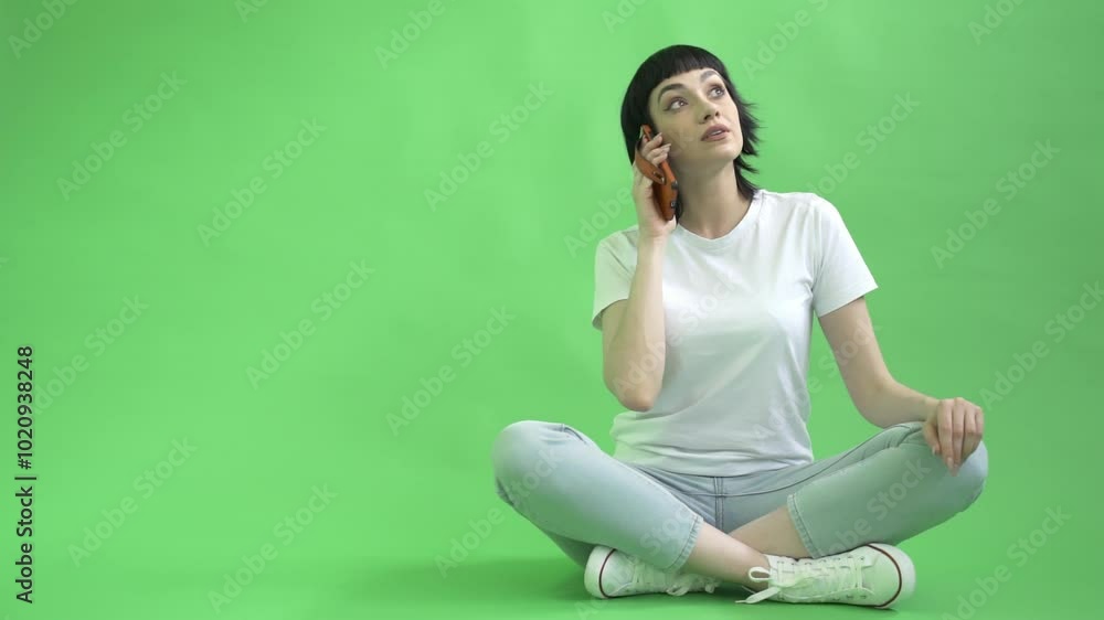 A creative journey: a woman explores storytelling with her smartphone against a vibrant green backdrop A creative journey: a woman explores storytelling with her smartphone against a vibrant green backdrop
