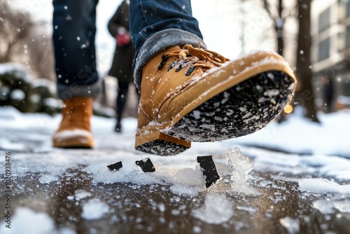 A winter accident on an icy sidewalk, with a person slipping and falling, and others nearby showing concern, leaving ample blank space for commercial use