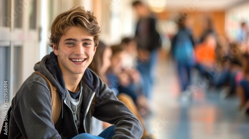 Portrait of handsome young university student standing and leaning to a wall in college corridor with other students at the back. Caucasian male student in high school campus.