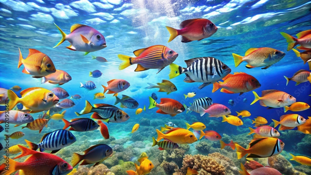 Naklejka premium School of colorful fish swimming in the clear blue sea , marine life, underwater, ocean, aquatic, vibrant