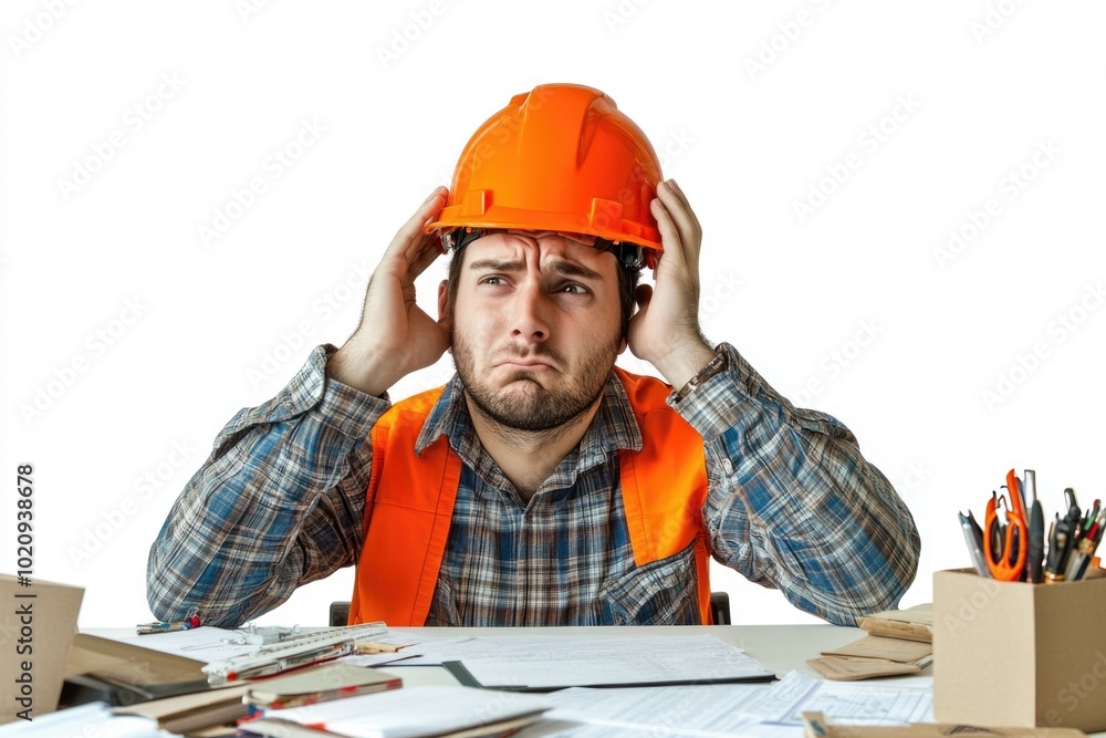 Man feeling stressed or overwhelmed at work, possibly needing a break or having too much to do Man feeling stressed or overwhelmed at work, possibly needing a break or having too much to do