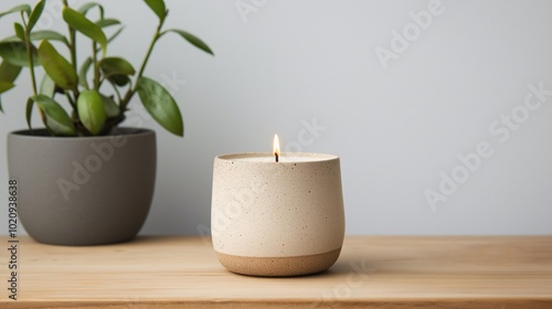 Elegant Candle on Wooden Surface with Indoor Plant