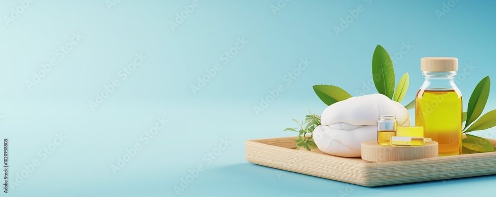 Herbal poultices and natural oils resting on a traditional wooden tray, representing ancient healing practices, 3D illustration. Herbal poultices and natural oils resting on a traditional wooden tray, representing ancient healing practices, 3D illustration.